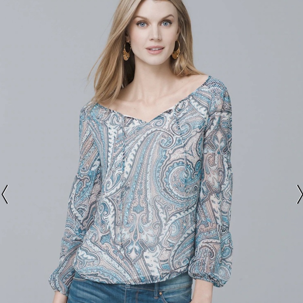 White House Black Market Paisley off-the-shoulder Blouse Blue Teal XS